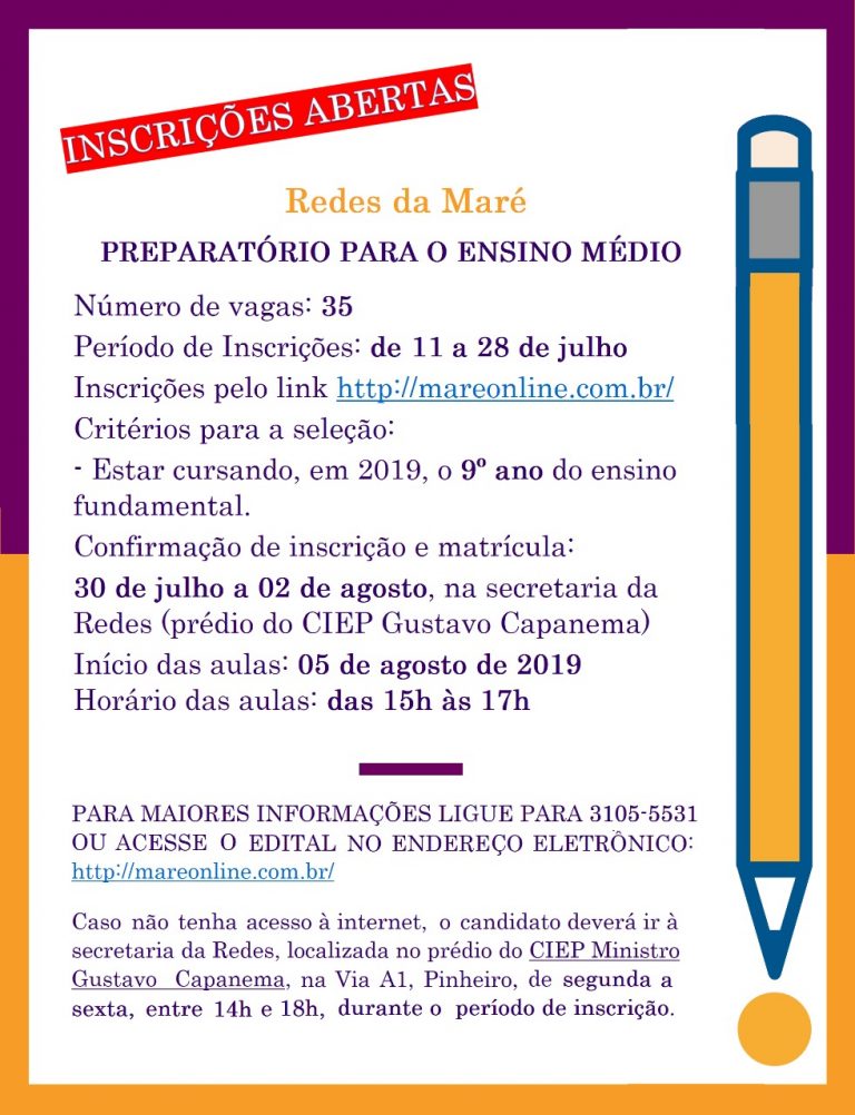 Estão abertas as inscrições para o Curso Preparatório para Ensino Médio na Redes da Maré