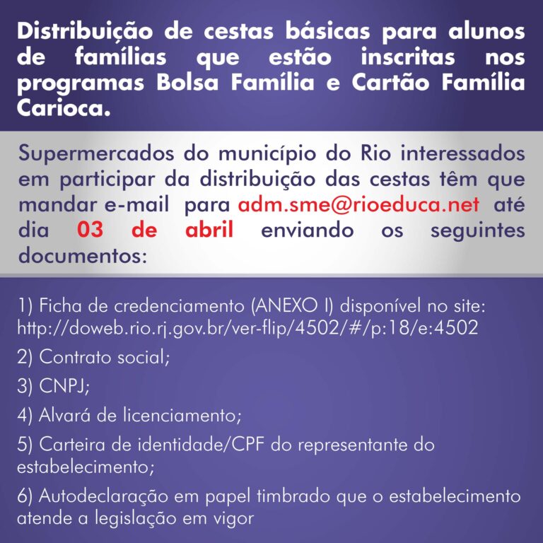 Prefeitura irá distribuir cestas básicas para famílias de alunos da rede pública