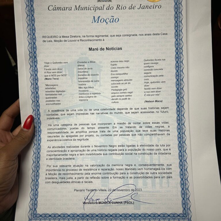 Maré de Notícias recebe moção de louvor e reconhecimento da vereadora Monica Cunha